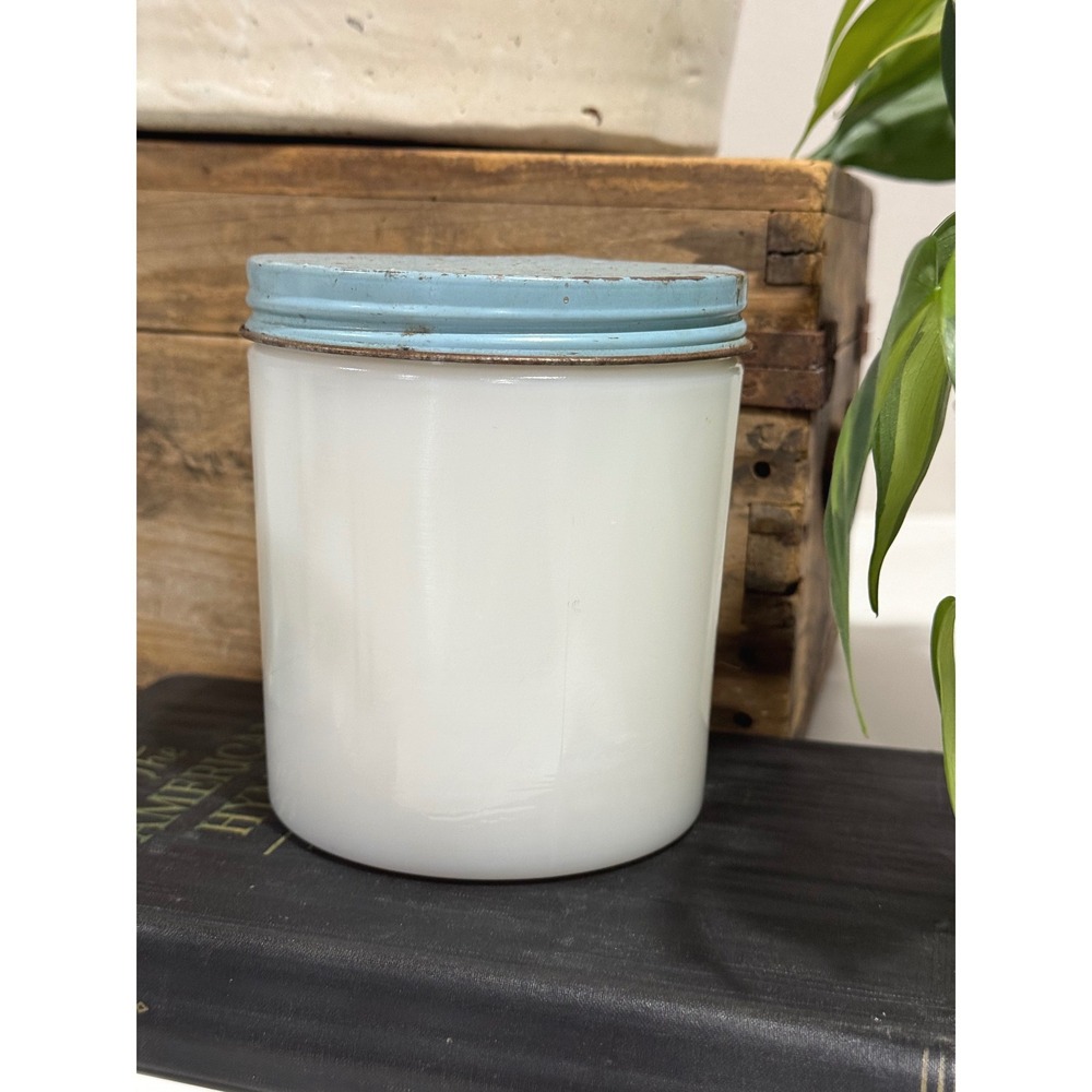 Vintage Dorothy Gray Milk Glass Cold Cream Jar with Blue Metal Lid Made in USA